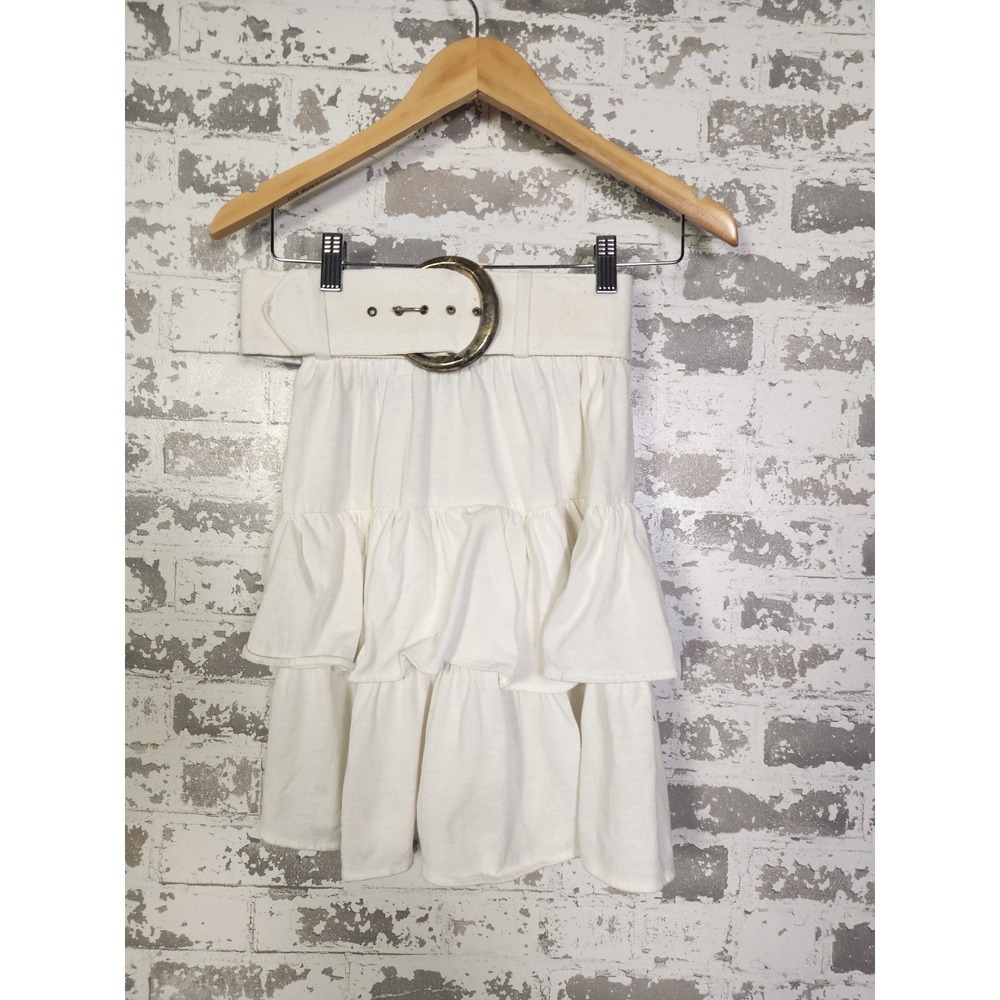 Y2K 90"s White Tiered‎ Ruffle Mini Skirt Size Medium Gold Buckle Belt Festival